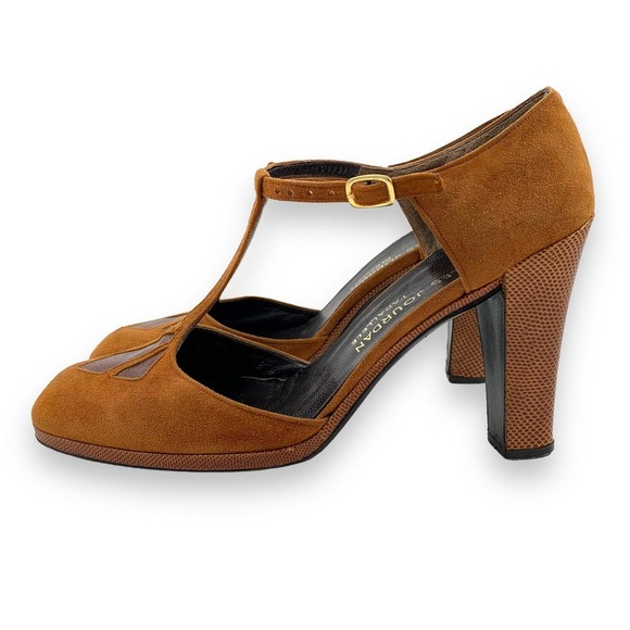 1970's CHARLES JOURDAN Paris suede and snakeskin T-strap high heel shoes - Picture 15 of 15